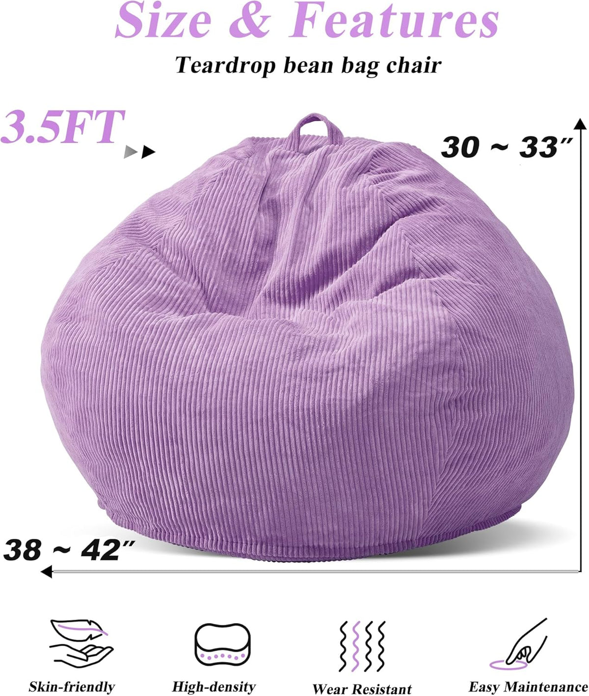 3.5FT Bean Bag Chairs Teardrop Bean Bag Chair for Adults Beanbag Chair with Memory Foam Filled Machine Washable Cover for Living Room, Bedroom (Large,Purple)