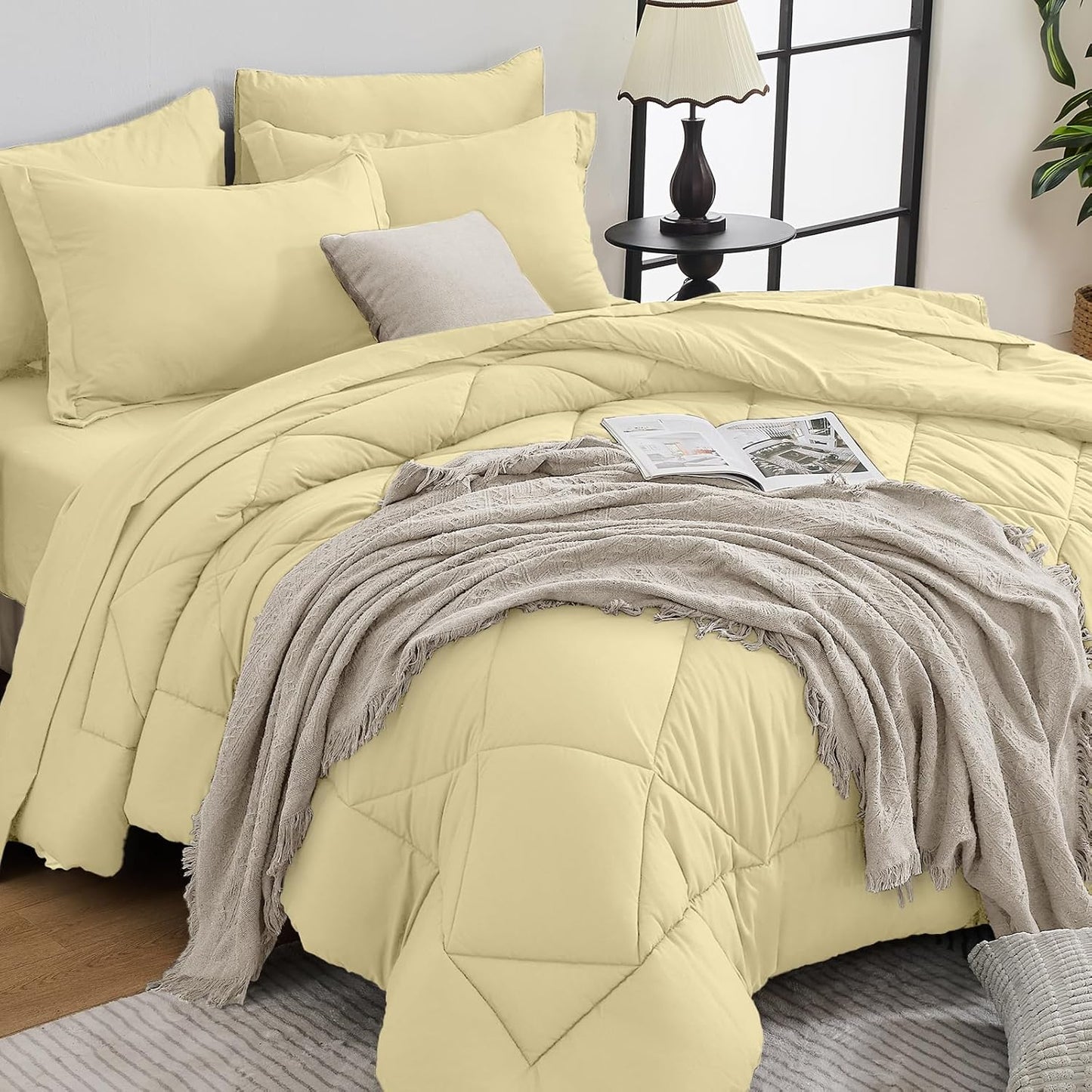 HEVUMYI Cream Yellow Queen Comforter Set - 7-Piece All Season Bed in a Bag Queen, Ultra Soft Bedding Set with Comforter, Flat Sheet, Fitted Sheet, Pillowcases, Pillow Shams