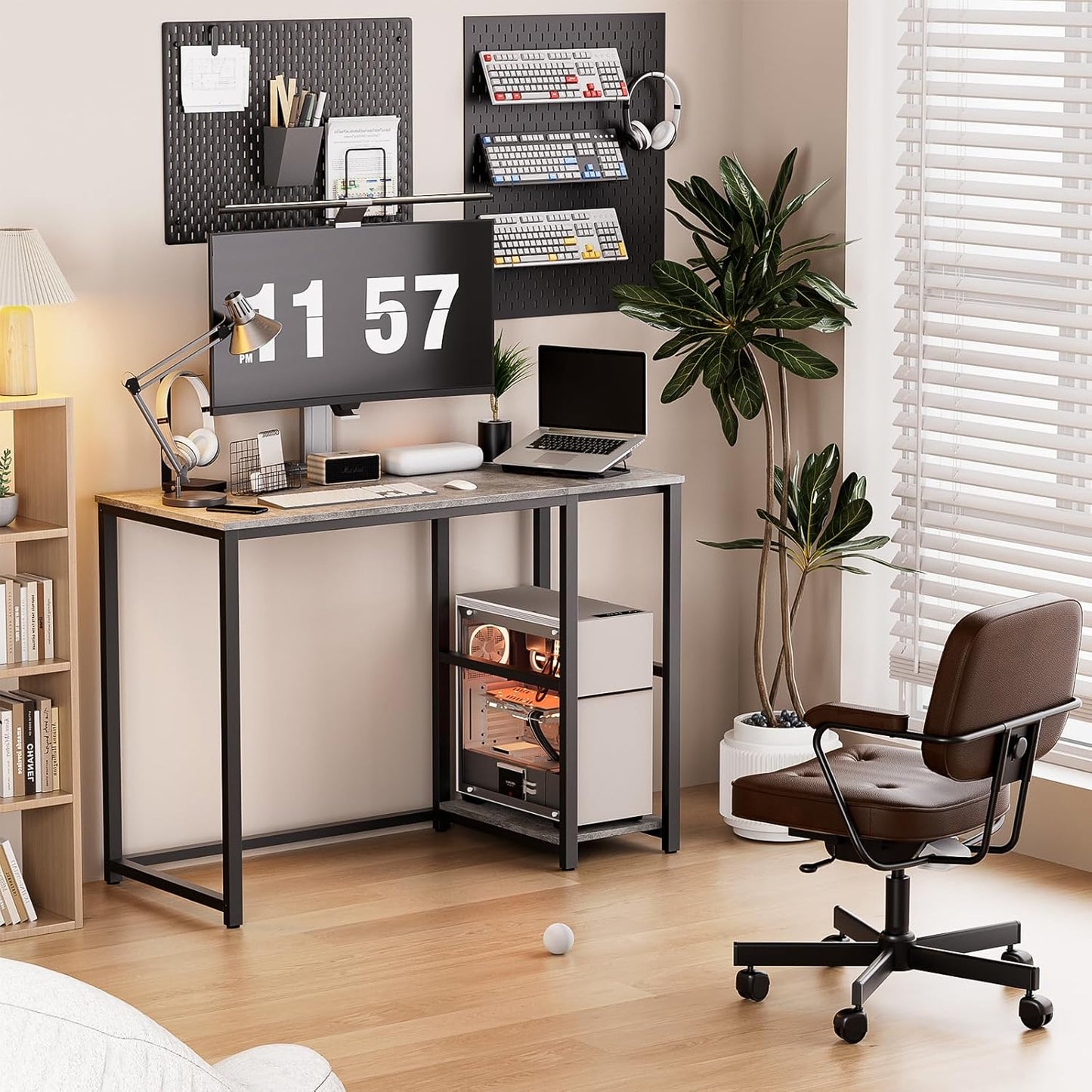 SINPAID Computer Desk 40 inches with 2-Tier Shelves Sturdy Grey Desks with Large Storage Space Modern Gaming Desk Study Writing Laptop Table, Gray