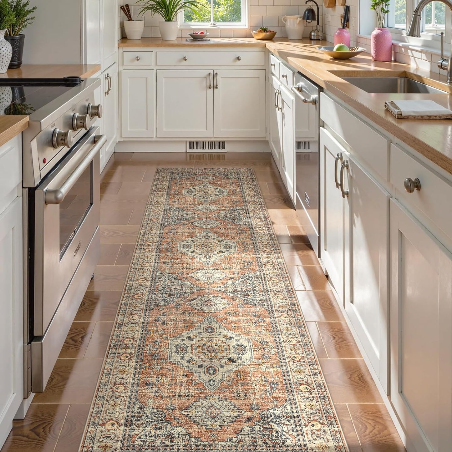 Lahome Oriental Kitchen Runners for Hallways, 2.5x10 Washable Runner Rug Non Slip, Soft Hallway Rug Distressed Ultra-Thin Long Carpet for Bathroom Entryway ‎Bedroom, Peach/Orange