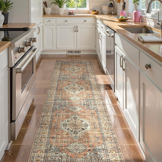 Lahome Oriental Kitchen Runners for Hallways, 2.5x10 Washable Runner Rug Non Slip, Soft Hallway Rug Distressed Ultra-Thin Long Carpet for Bathroom Entryway ‎Bedroom, Peach/Orange