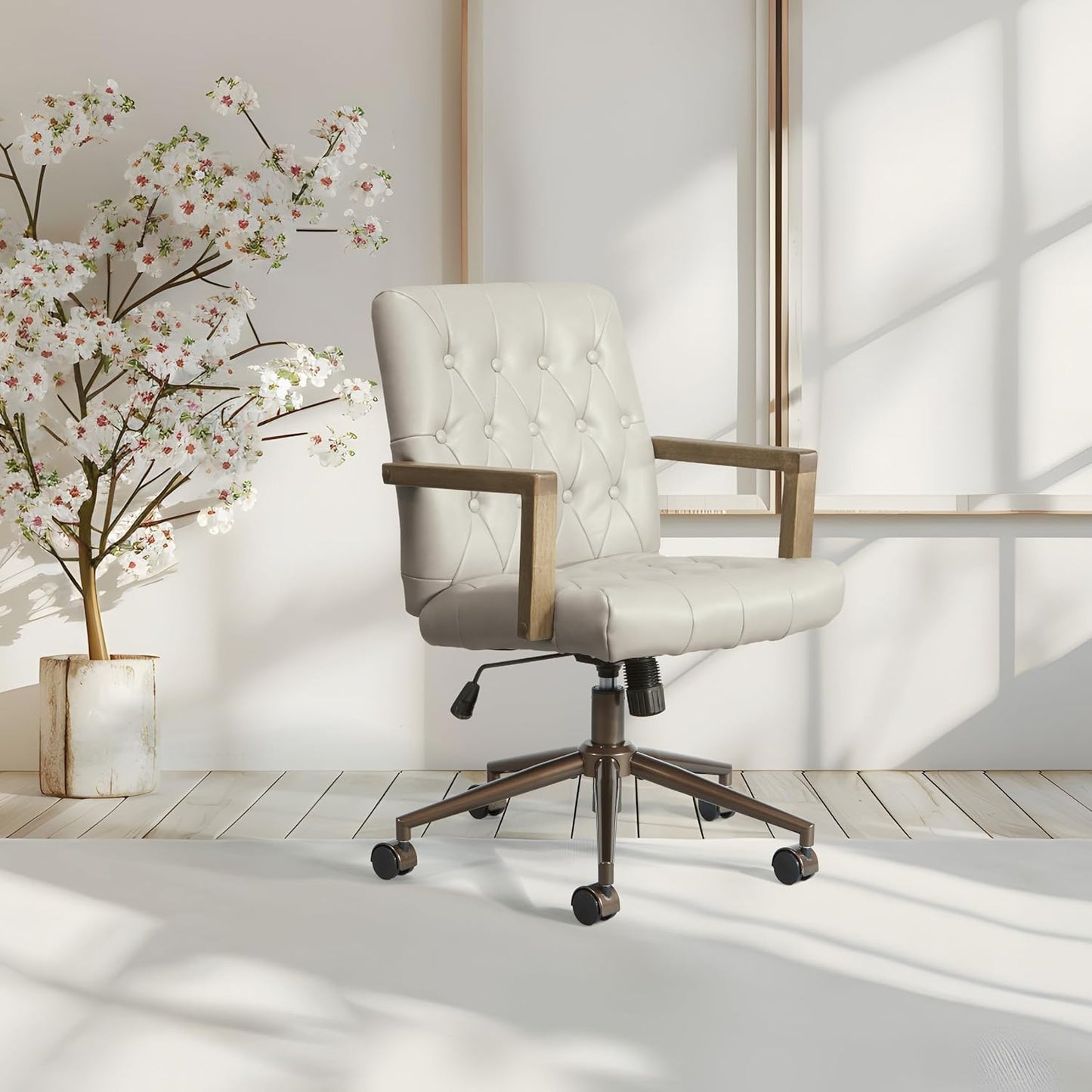 OSP Home Furnishings Waltham Adjustable Height and Tilt, Swivel Home Office Chair with Wood Arms, Taupe Faux Leather