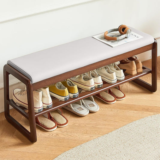 Solid Wood Shoe Bench, 2-Tier Wooden Storage Entryway Bench, Small Entryway Bench, Mid-Century Modern Bedside Bench with Faux Leather Cushion for Dining Room Living Room, Cream Grey 21.65''