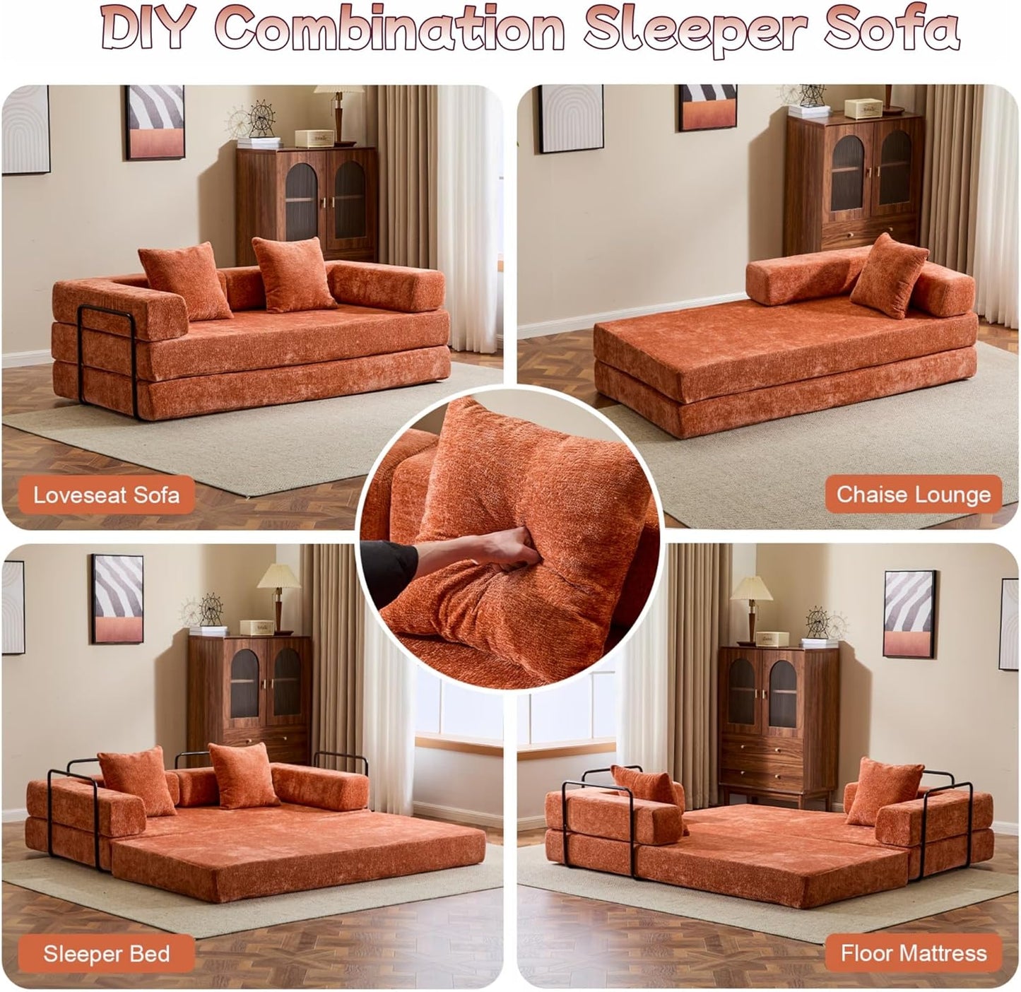 Convertible Sofa Bed, Compression Futon Sofa with Pillows & Armrest, Foldable Mattress Couch with Fixed-Shape Frame, Comfy Couch Lounge Sleeper Bed for Living Room Bedroom, Orange