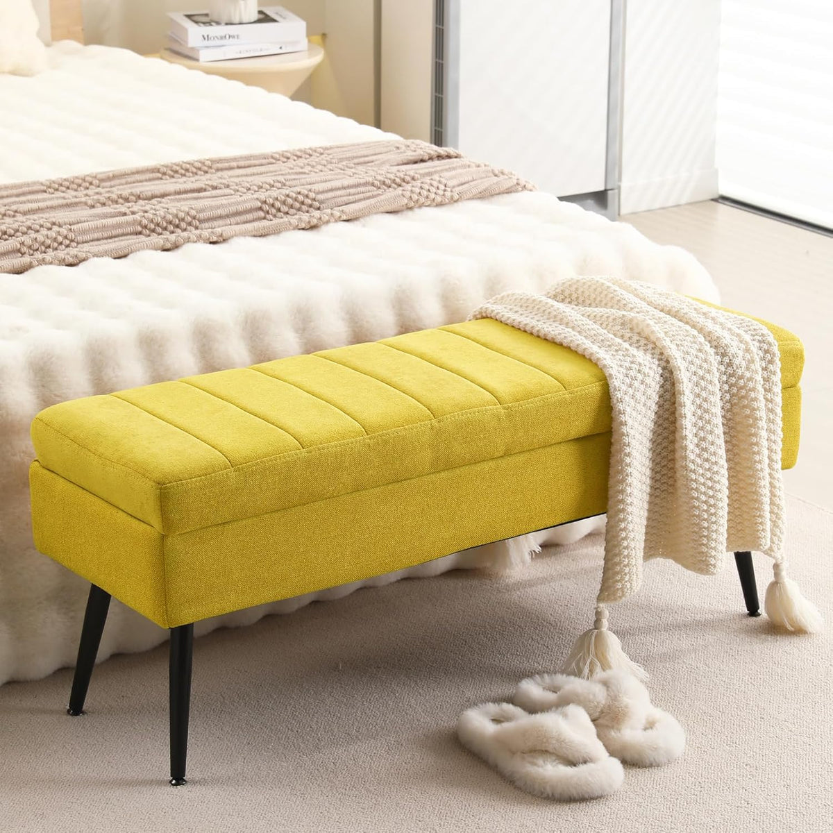 CUYOCA Storage Ottoman Bench, 43.5" Upholstered Entryway Bench, Long Ottoman with Storage for Living Room, Support 660lbs - Fabric Canary