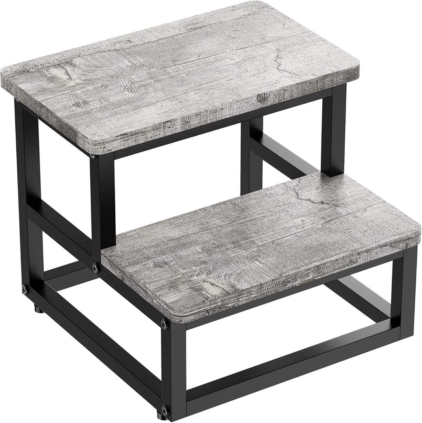 Step Stools for Kids Adults, Heavy Duty Stepping Stools Bed Steps for High Beds, Non-Slip Metal and Wooden 2 Steps Foot Stool for Bedside Kitchen, Round Corner, 500 Lbs Capacity, Gray Pattern