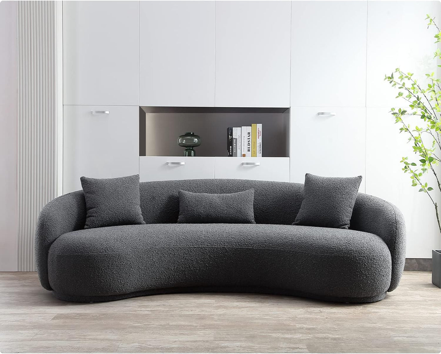 Acanva Mid Century Modern Curved Living Room Sofa, 4-Seat Boucle Fabric Couch for Bedroom, Office, Apartment, Grey