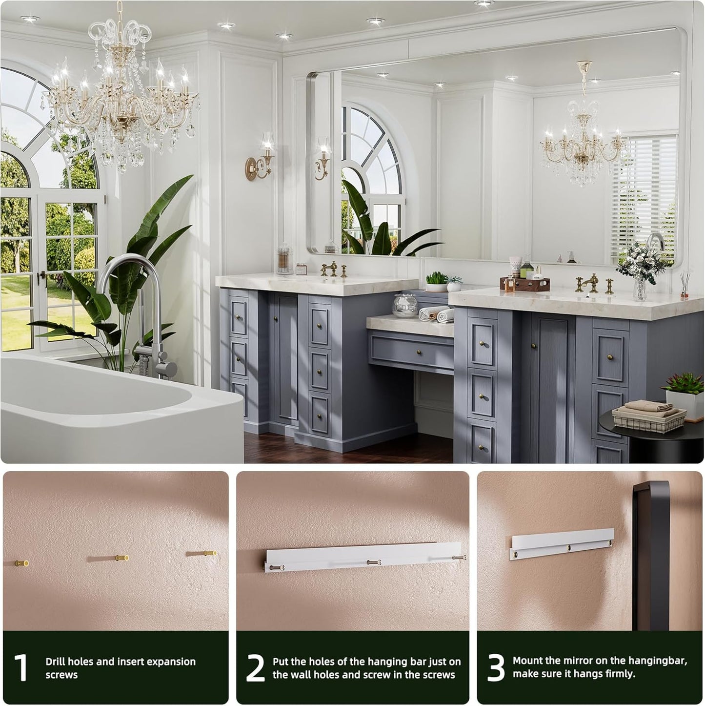 Hasipu Brushed Silver Bathroom Mirror 59x39 Inch Rounded Rectangle Vanity Mirror Metal Framed Wall Mirrors Anti-Rust Surface Mount (Horizontal/Vertical)