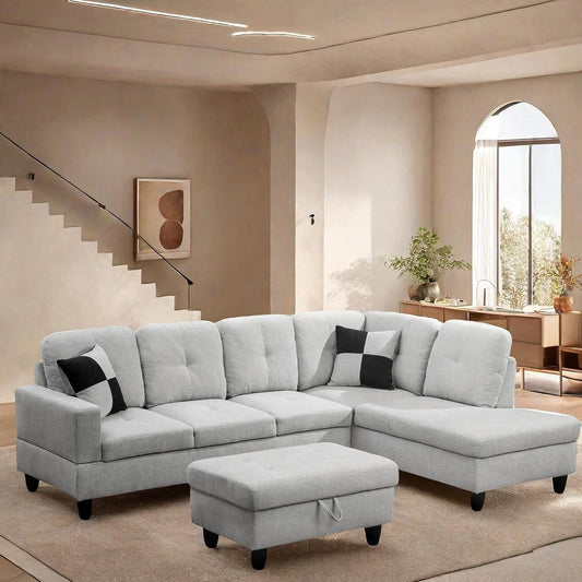 L Shaped Sectional Couch with Otttoman, 103" Sectional Sofa for Living Room Flannel Modular Couches with Cup Holders for Bedroom, Apartments, Light Grey