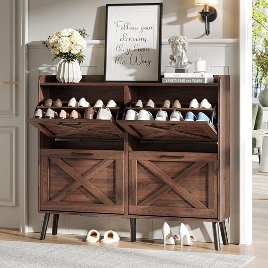 Maupvit Large Shoe Storage Cabinet with 4 Flip Drawers, Narrow Shoe Cabinet for Entryway with Wooden Legs, Freestanding Hidden Shoe Rack Organizer ＆ Metal Hinges, Walnut