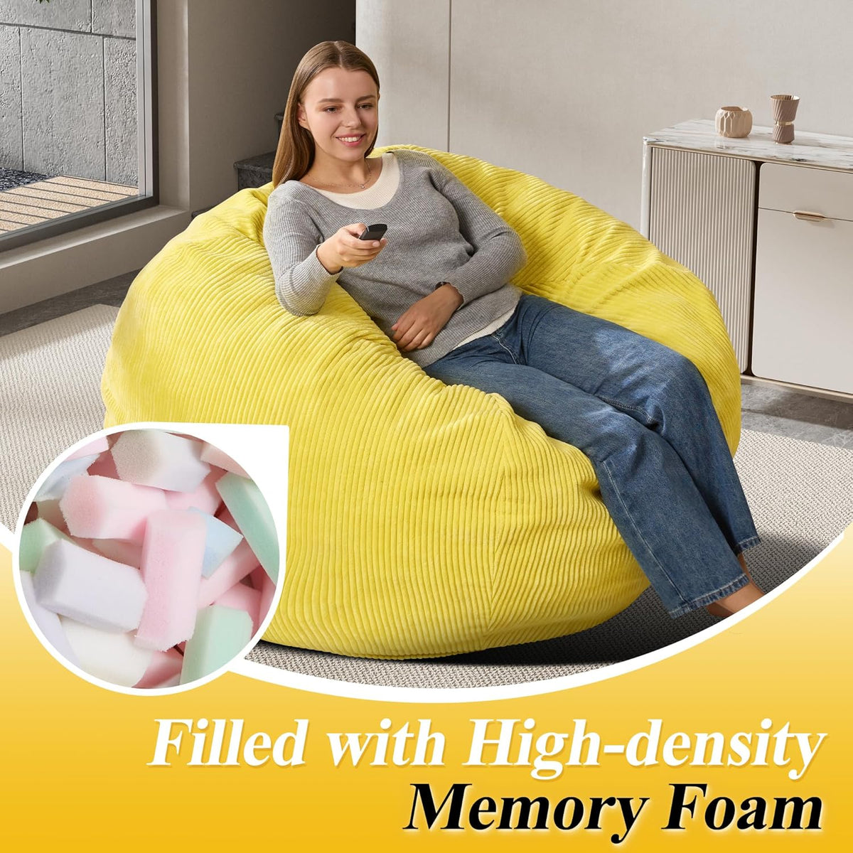 3.5FT Bean Bag Chairs Teardrop Bean Bag Chair for Adults Beanbag Chair with Memory Foam Filled Machine Washable Cover for Living Room, Bedroom (Large,Yellow)