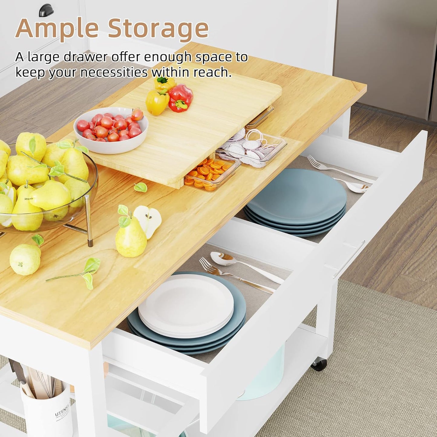 Shintenchi Kitchen Island Cart with Storage,Rolling Kitchen Island Side Table on Wheels with Large Worktop,Storage Cabinet,Towel Rack,Drawers and Open Shelves for Kitchen,Dinning Room,White