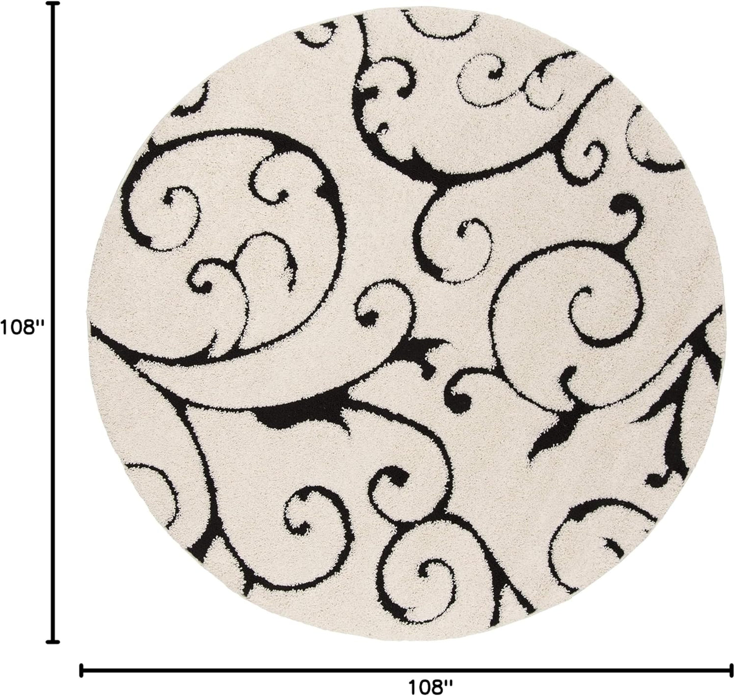 SAFAVIEH Florida Shag Collection Area Rug - 9' Round, Ivory & Black, Scroll Design, Non-Shedding & Easy Care, 1.2-inch Thick Ideal for High Traffic Areas in Living Room, Bedroom (SG455-1290)