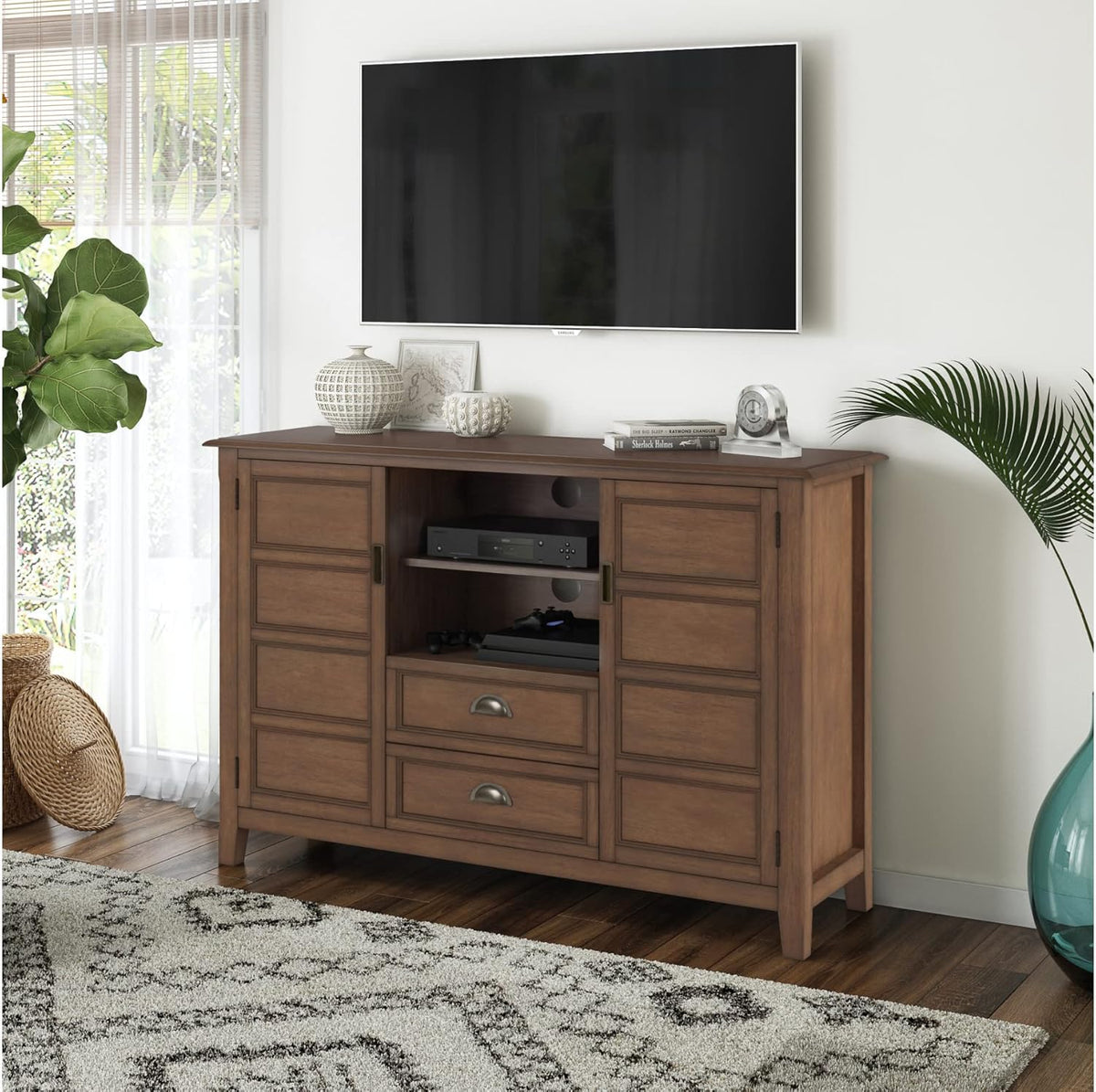 SIMPLIHOME Burlington SOLID WOOD 54 Inch Wide Transitional TV Media Stand in Rustic Natural Aged Brown for TVs up to 60 Inch, For the Living Room and Entertainment Center