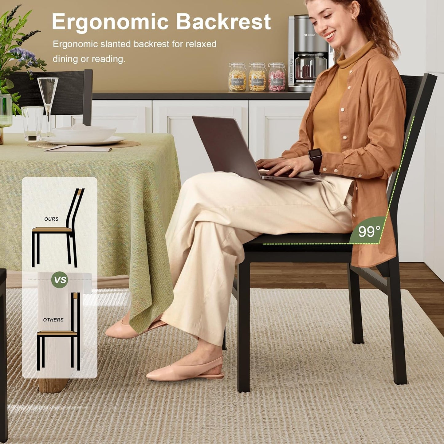 Feonase Dining Chairs Set of 6, Modern Kitchen Chairs with Ergonomic Backrest, MDF Board and Metal Legs, Dinner Chairs for Dining Room, Kitchen and Living Room, Easy Assembly, Black