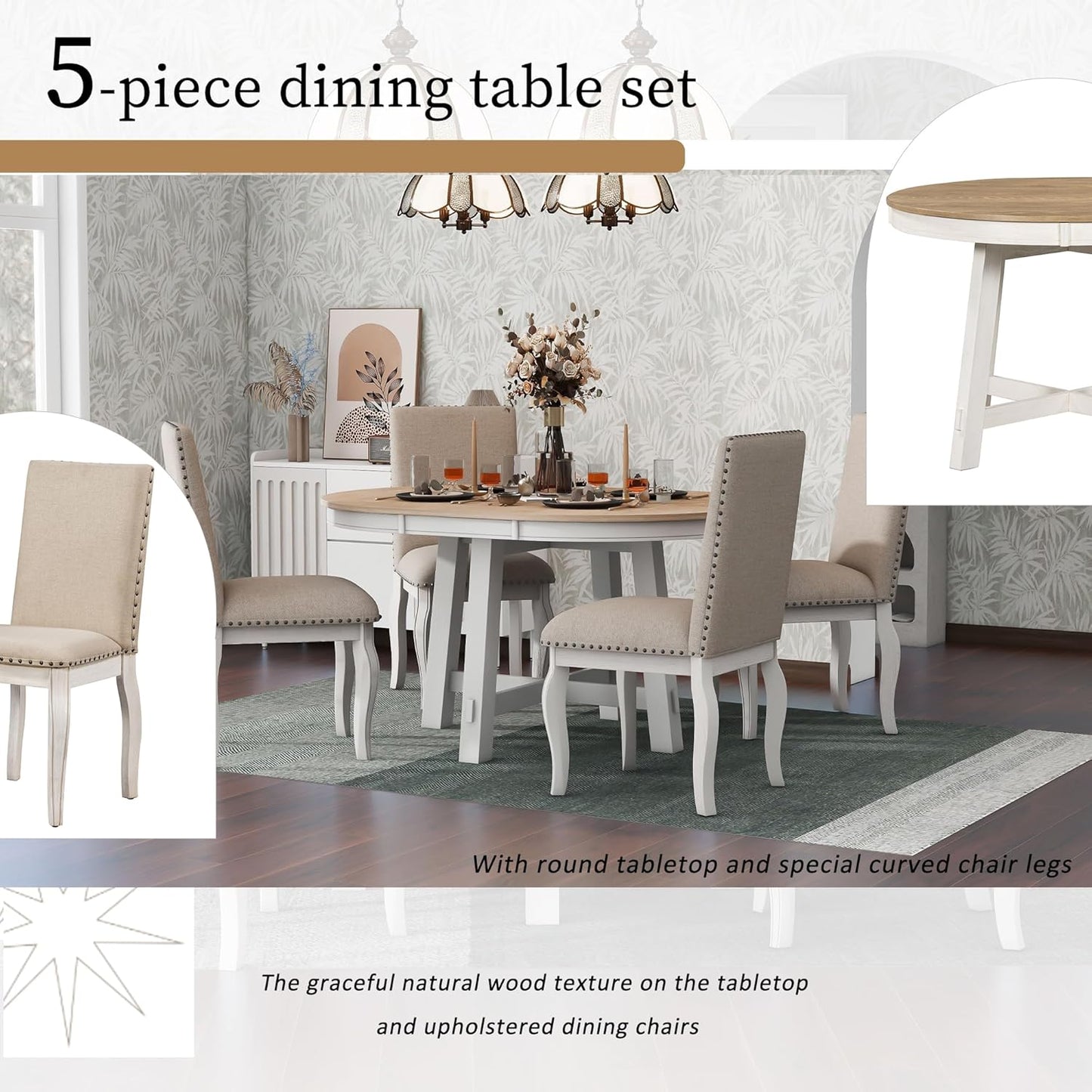 5 Pieces Dining Table Set with 43" Round Extendable Desk,Living Room Furniture W/ 4 Upholstered Curved Legs Chairs,for Restaurant,Home Bistro,Oak Natural Wood+Antique White
