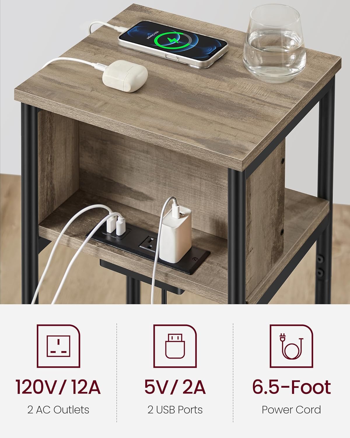 VASAGLE Side Table with Charging Station, 3-Tier End Table with USB Ports and Outlets, Nightstand for Living Room, Bedroom, 11.8 x 13.4 x 22.8 Inches, Plug-in Series, Camel Brown and Black