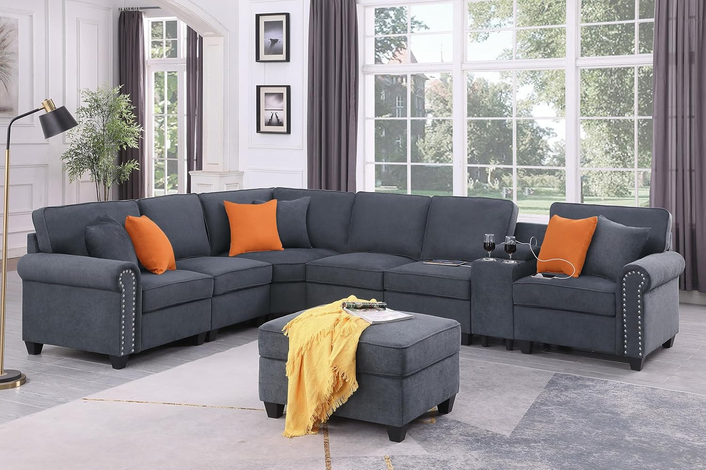 L-Shape Modular Sectional Sofa for Living Room with Movable Ottoman & Nailhead Trim Armrest,7 Seat Convertible Sectional Couch W/Cup Holder,USB Port & Hidden Storage Box,6 Pillow,Gray,127"