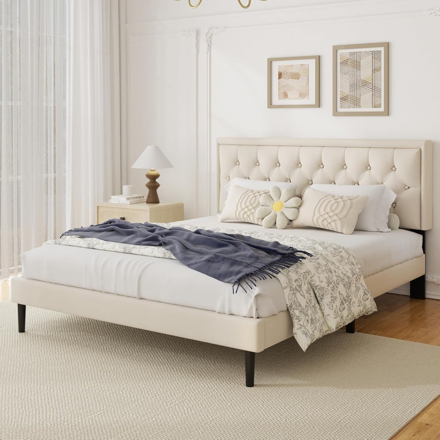 King Size Platform Bed Frame with Upholstered Velvet Button Tufted Headboard, Mattress Foundation with Wooden Slat Support, No Box Spring Needed, Easy Assembly, Noise Free, Beige