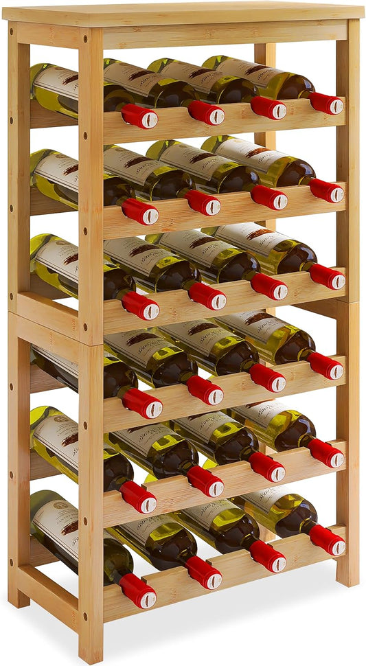 24 Bottles Floor Wine Rack with Tabletop, 6 Tier Bamboo Wine Display Storage Shelves, Wave Bars Freestanding Wine Bottle Organizer Shelf for Kitchen Pantry Cellar, Natural