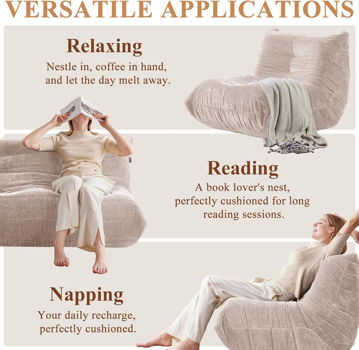 Bean Bag Chair, Loveseat Fireside Chair Large Bean Bag Sofa for Adults, Memory Foam Two Seater Couch Gaming Chairs with Comfy Design, Lazy Floor Sofa for Living Room, Bedroom, Beige