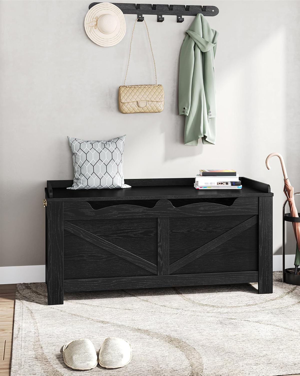 39.4" Storage Bench, Storage Chest, Lift-Top Storage Trunk with 2 Safety Hinges, Wooden Storage Box Chest Organizer for Bedroom, Entryway, Living Room, Black SB04504X
