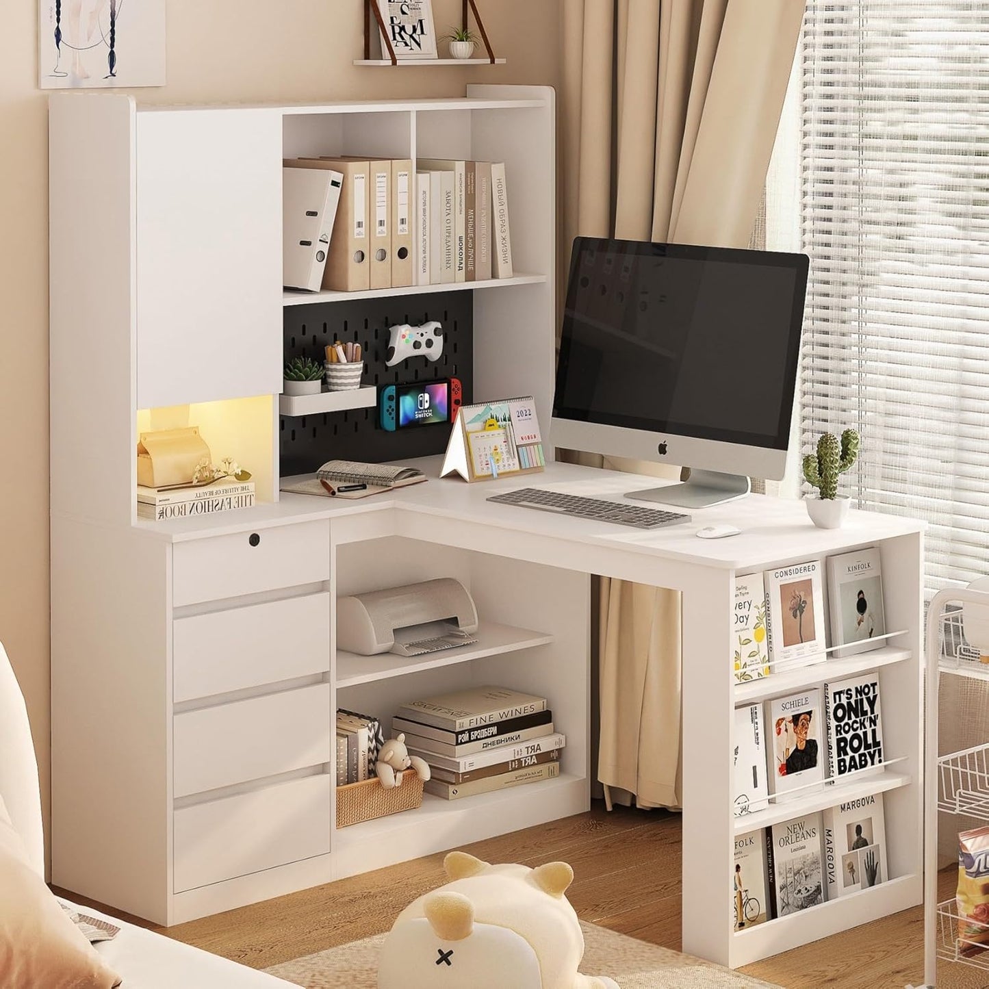 KEIKI L Shaped Home Office Desks with LED Light, Pegboard, Hutch, Drawers, Bookshelf & Storage Shelves, Modern Wooden Gaming Computer Corner Table for Work, Study, Writing