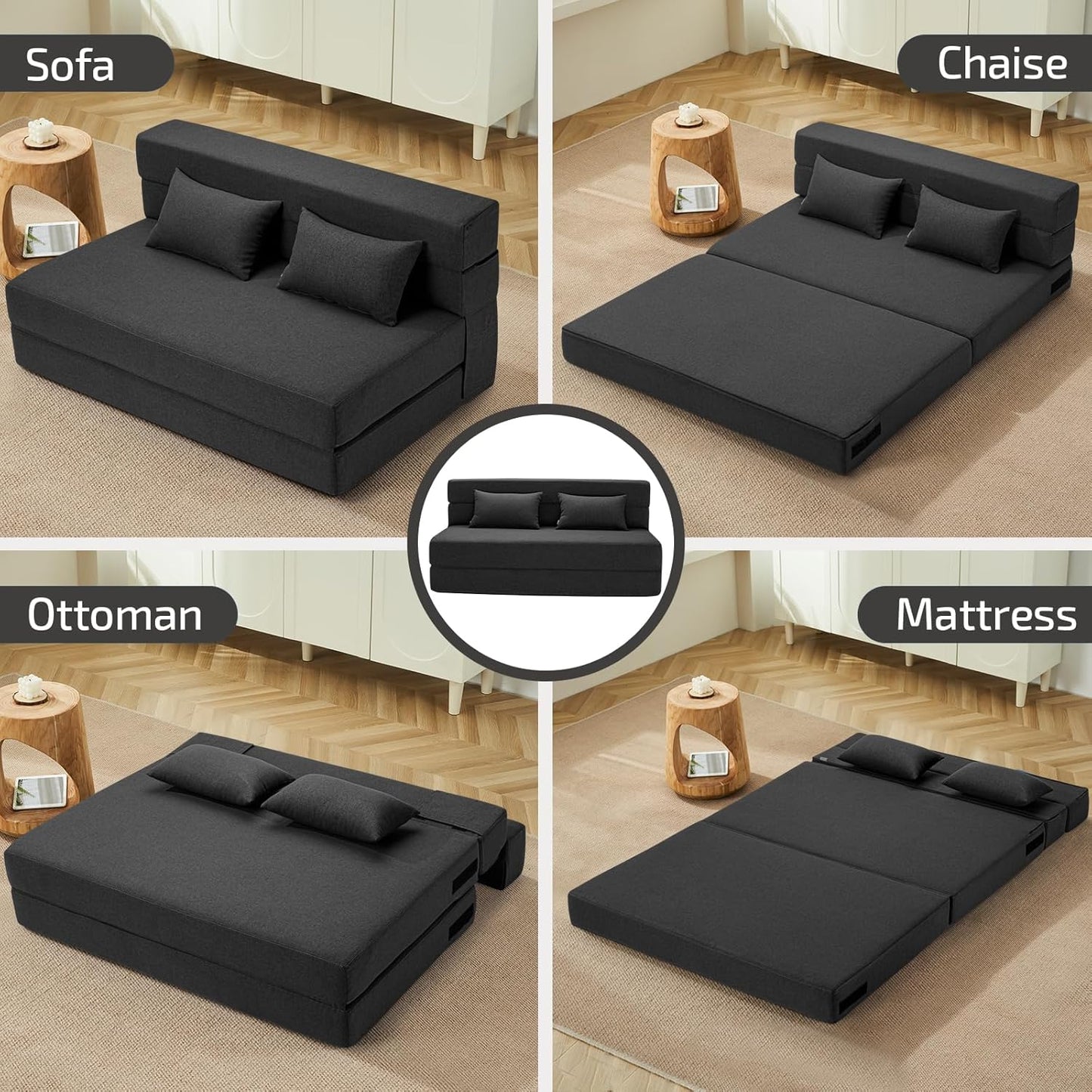 Folding Sofa Bed with Pillows- Convertible Chair Floor Couch & Sleeping Mattress, Foldable Memory Foam Sleeper for Living Room/Dorm/Guest Room/Home Office/Apartment/Loft, Full, Dark Gray
