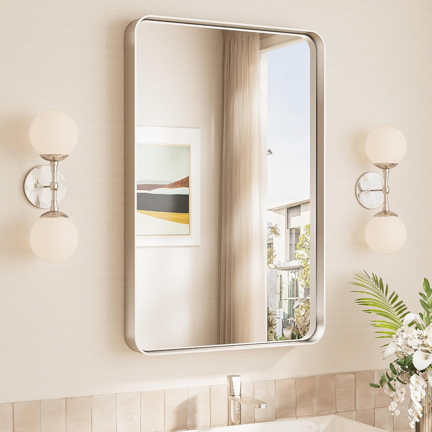 TokeShimi 20x30 Brushed Nickel Bathroom Wall Mirror Vanity Metal Frame Round Corner Rectangular for Home Decor Living Room Entryway (Horizontal/Vertical)