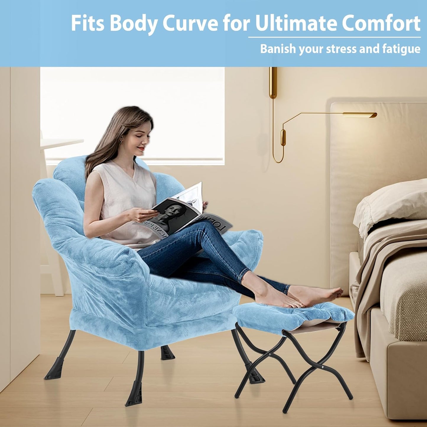 Lazy Chair with Folding Ottoman, Accent Chair Plush Upholstered with Metal Structure and Non-Slip Pads, Sofa Armchair with Footrest and Side Storage Bag for Dorm, Room, Office, Blue
