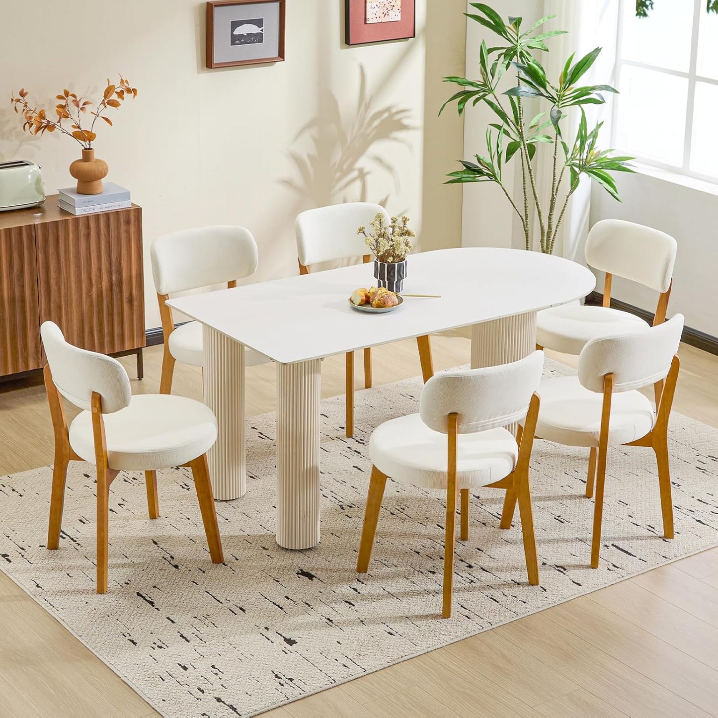 Furniliving Wooden Dining Chairs Set of 6, Mid-Century Modern Linen Upholstered Kitchen Chair with Solid Oak Wood, Farmhouse Dining Room Chairs, Beige