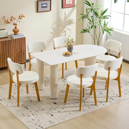 Furniliving Wooden Dining Chairs Set of 6, Mid-Century Modern Linen Upholstered Kitchen Chair with Solid Oak Wood, Farmhouse Dining Room Chairs, Beige