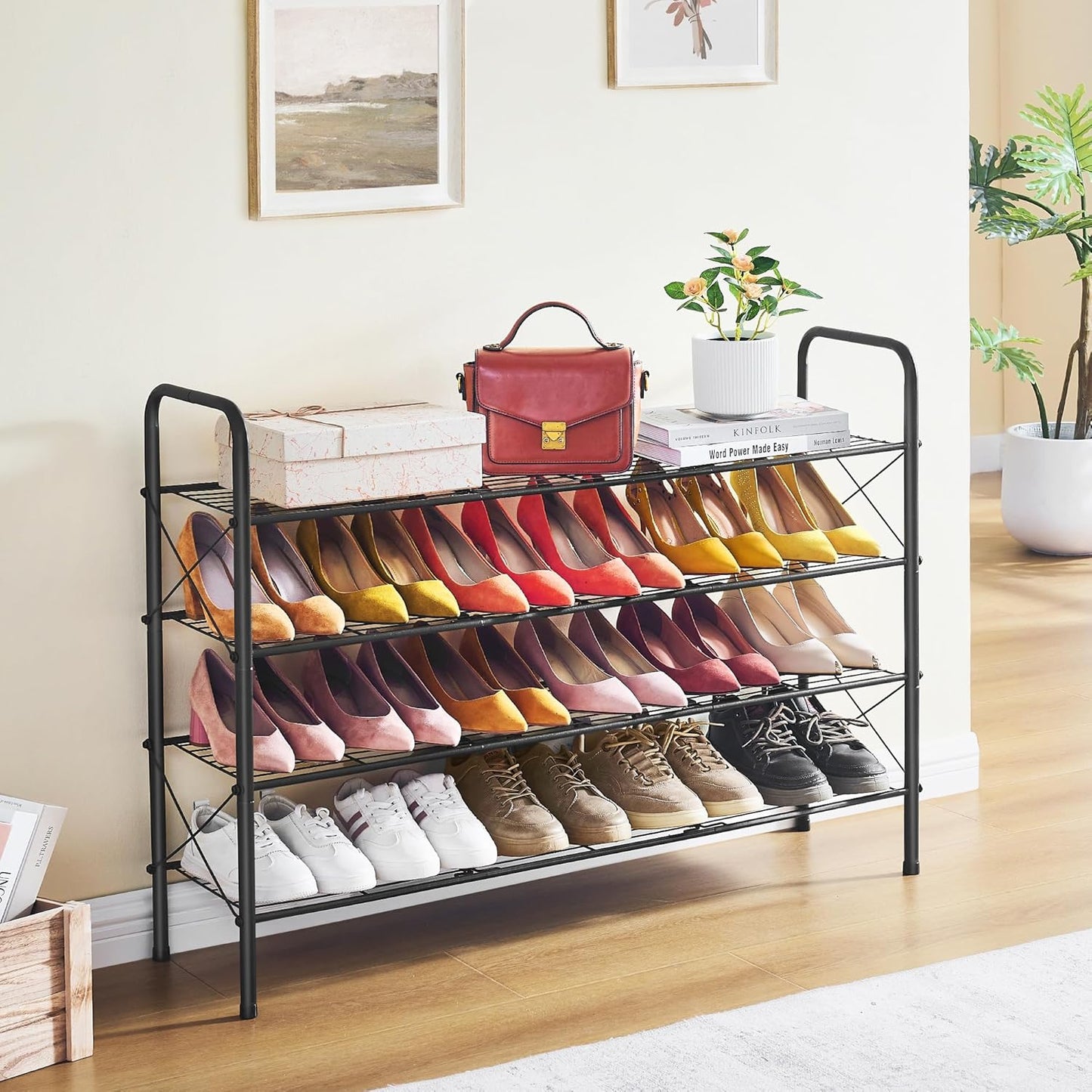 Hoctieon 4 Tier Mesh Style Shoe Rack, Entryway Shoe Shelf, Shoe Storage Organizer, Shoe Rack for Closet, Space Save for Bathroom, Garage, Hallway, Bedroom, Living Room, Black