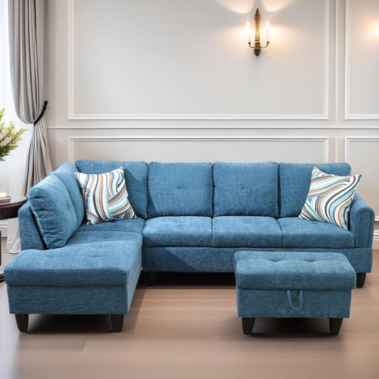 L Shaped Sectional Couches for Living Room, Modern Modular Sectional Sofa with Ottoman Storage, Comfy L Shaped Couch with Chaise for Bedroom Apartment Furniture, Blue