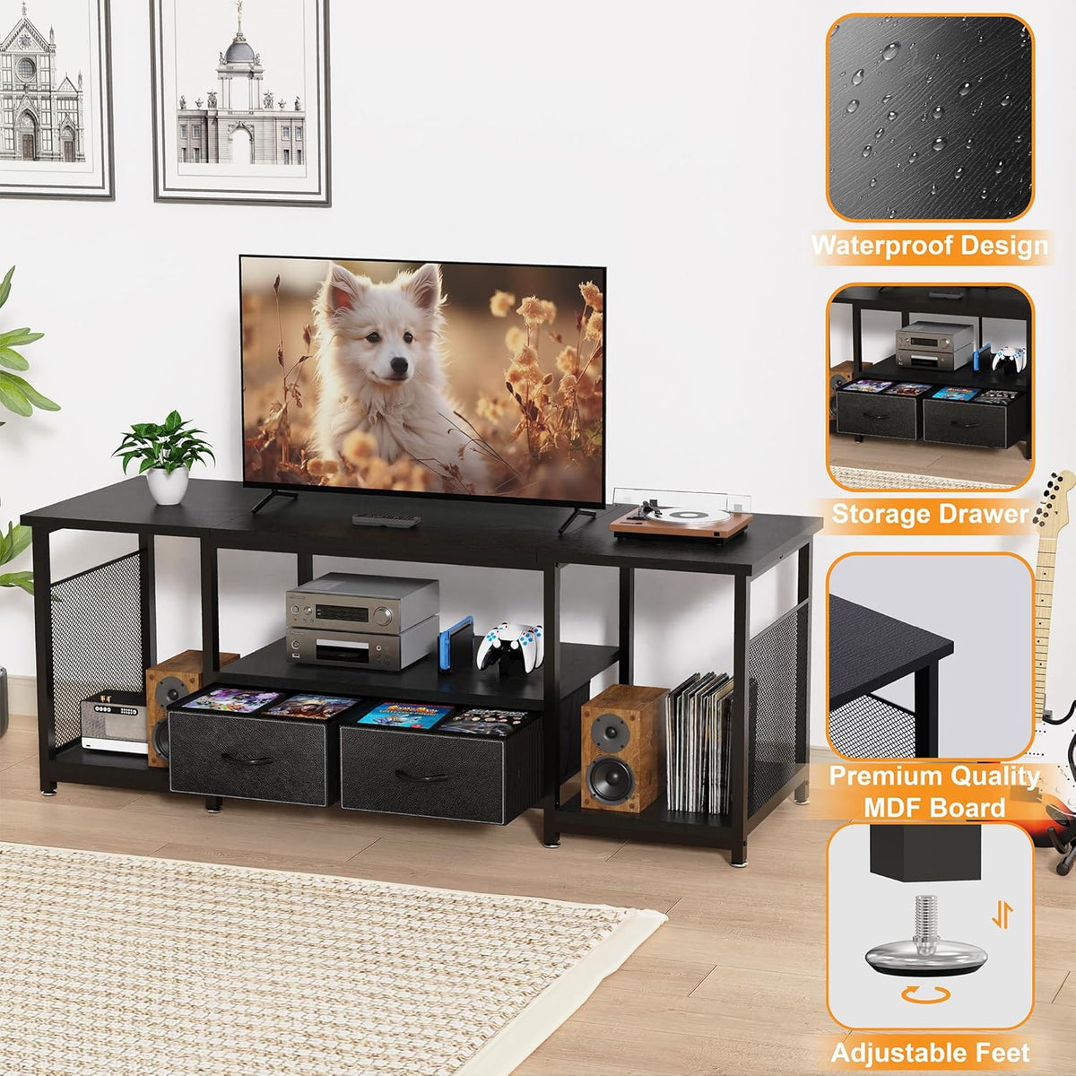 TV Stand with Drawers and Open Storage Shelves for 75 70 65 Inch TV, Entertainment Center with Open Storage Shelves, Industrial Media TV Console Table for Living Room Bedroom Office, Black