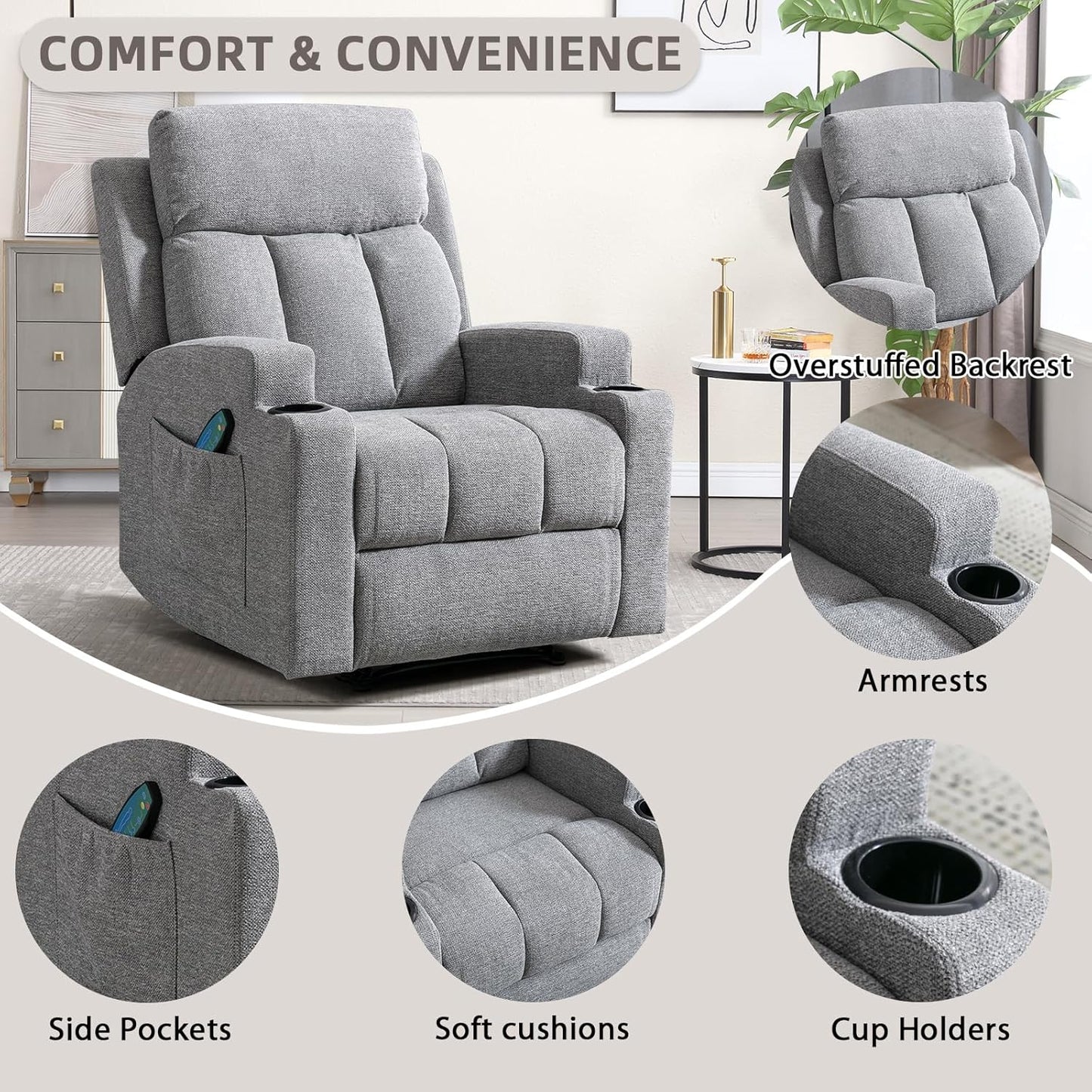 Phoenix Home Manual Recliner Chair with Massage and Heat Ergonomic Overstuffed Breathable Fabric Reclining Chair with 2 Side Pockets, 2 Cup Holders, Remote Control, Living Room, Bedroom, Gray