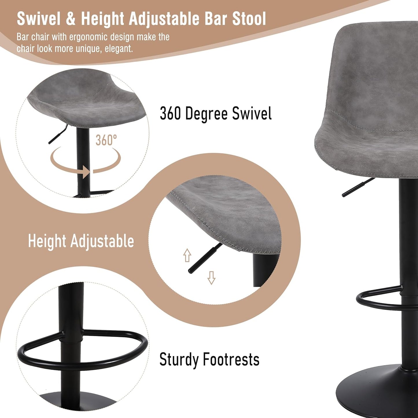 Bar Stools, Swivel Counter Height Barstools with Back, Adjustable Modern Bar Chairs, Tall Armless PU Leather Kitchen Island Stool (Grey, Set of 2)