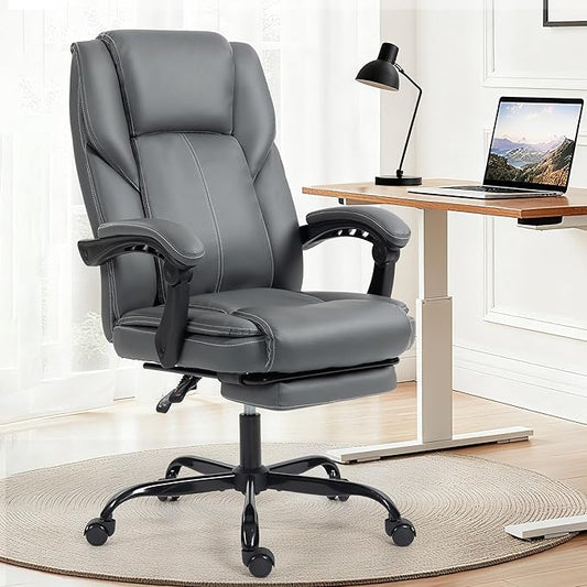 Office Chair with Footrest, Executive Breathable Leather Office Desk Chair with Lumbar Support - Ergonomic Comfy Wide Reclining Swivel Rolling Gaming Computer Chair with Adjustable 90-135° High Back