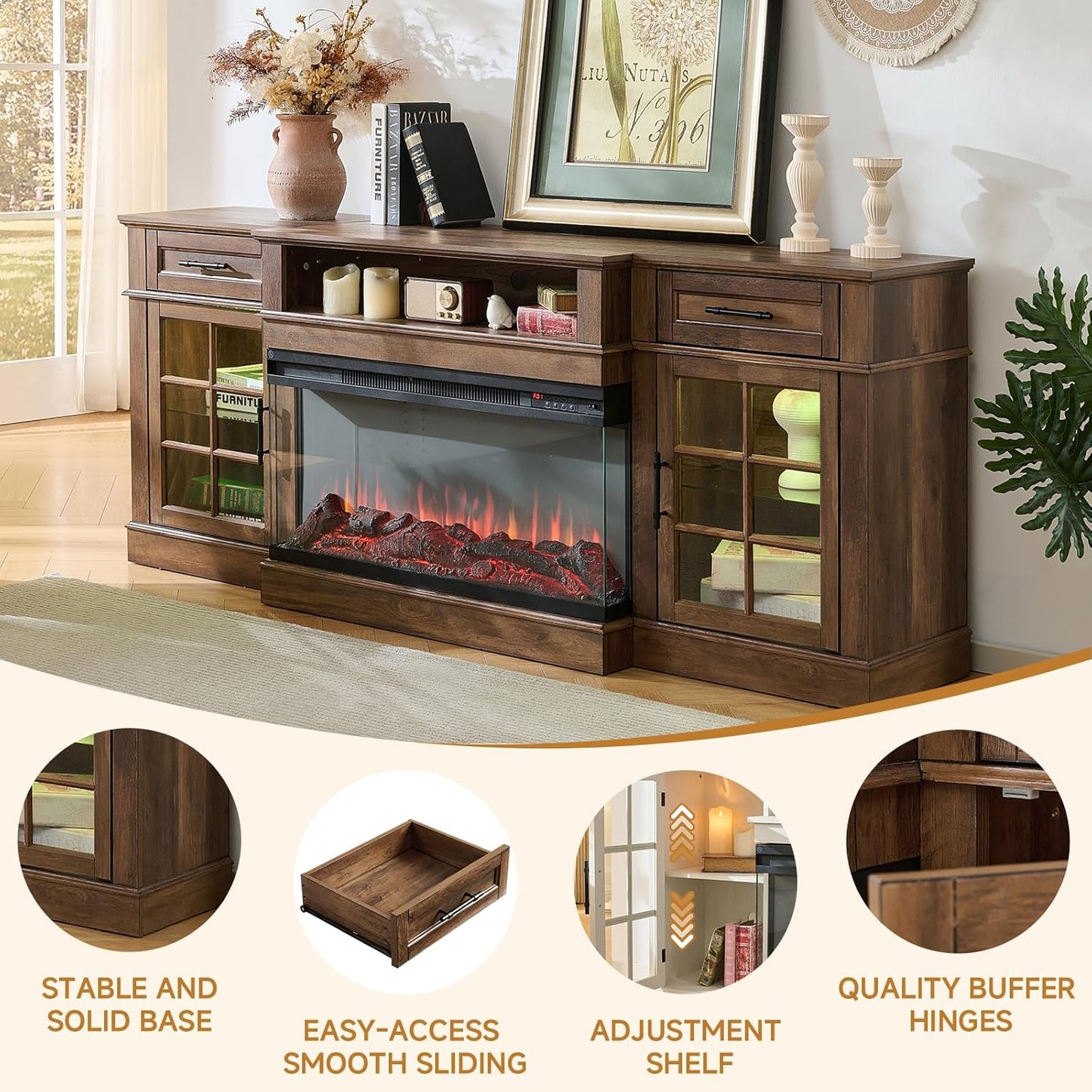 ROCKPOINT 3 Sided Glass 80" Fireplace TV Stand for TVs up to 90",Entertainment Center with Drawers and Glass Door Storage Cabinet for Living Room,36"Electric Fireplace & Adjustable LED Light ,Espresso