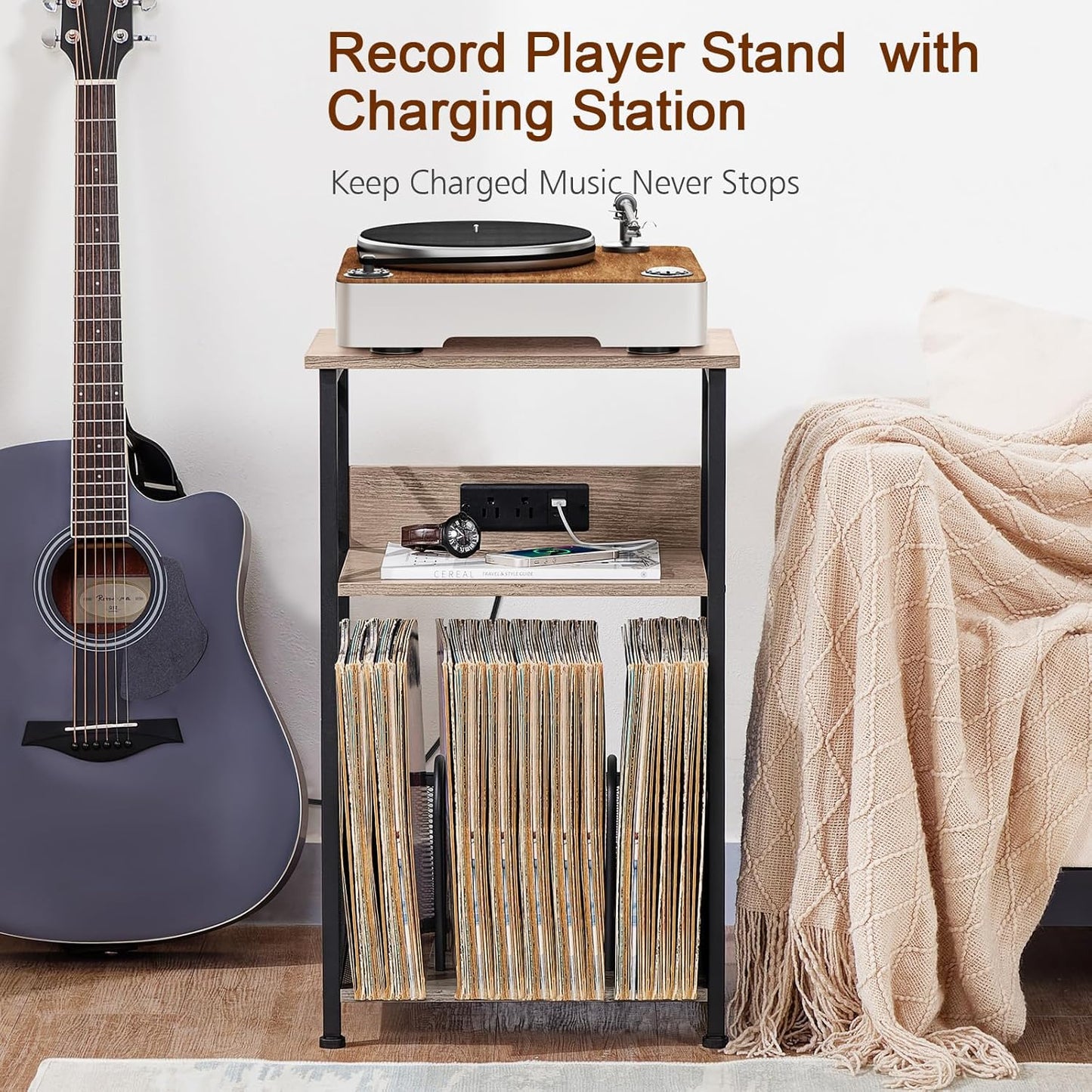 AMHANCIBLE Record Player Stand with Charging Station, Turntable Stand with Storage Cabinet, 3 Tier End Table Hold Up to 100 Albums, Record Stand for Vinyl, Living Room, Greige, HETCD01GY-1
