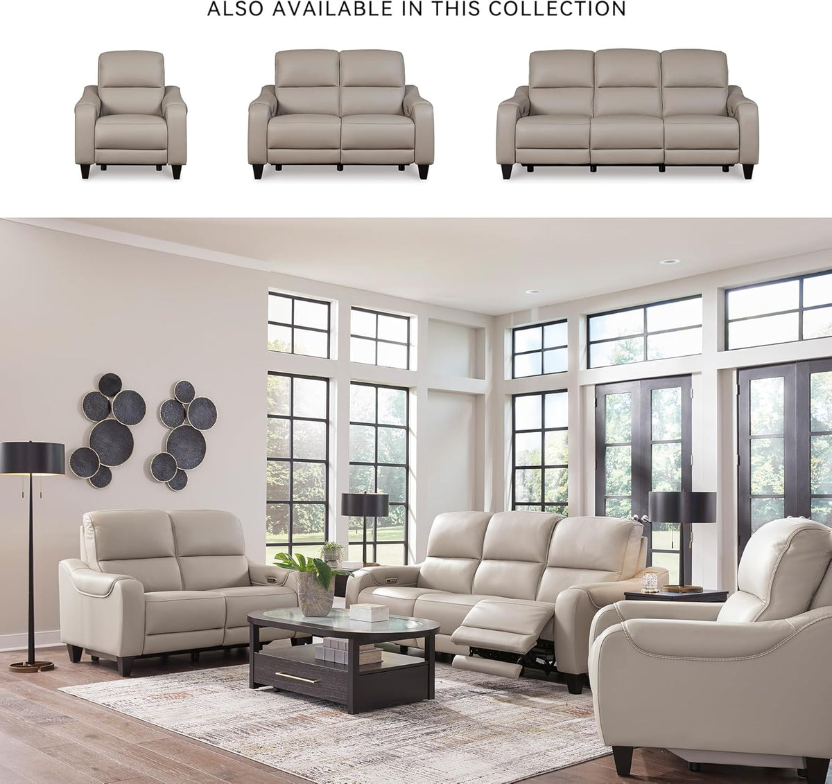 Signature Design by Ashley Mercomatic Casual Leather Match Wall Hugger Power Reclining Sofa with Adjustable Headrest and USB Ports, Light Gray