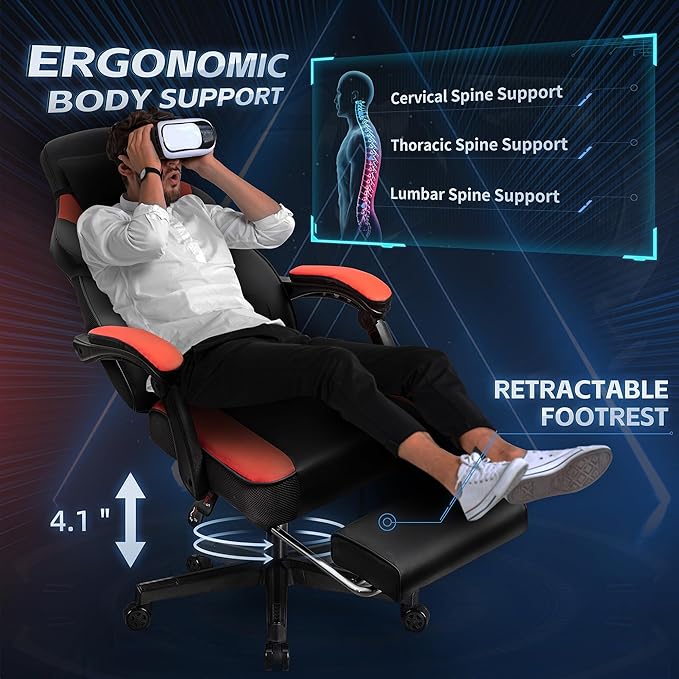 Gaming Chairs for Adults, Computer Chair with Footrest, High Back, Big and Tall Gamer Chair‘s with Massage Lumbar Support, 360° Swivel Height Adjustable Computer Chaires, Dark Red
