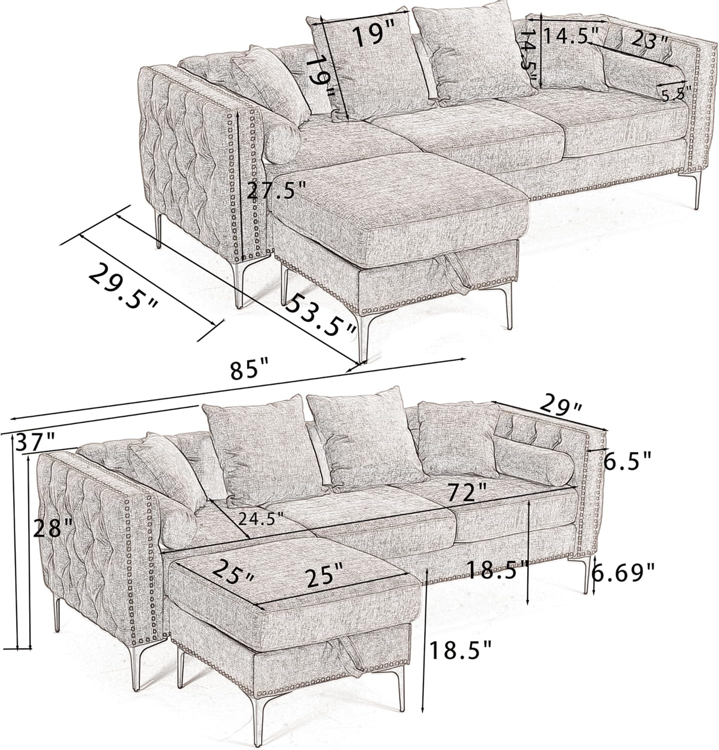 Ball & Cast 85" L Shaped Sectional Sofa with Storage Ottoman, Morden 3 Seater Tufted Couch with Nailhead Trim and Metal Legs for Living Room, Apartment, Office, Dark Gray