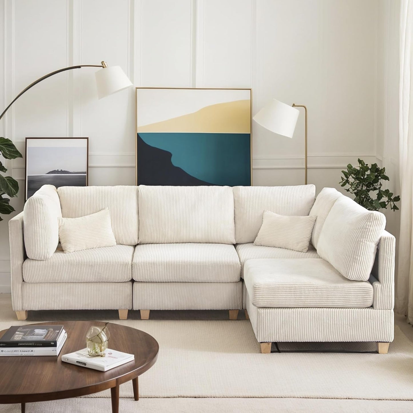 126" Convertible L-Shaped Modular Sectional Sofa, 4 Seater Corduroy Upholstered Corner Sofa Couch with Extra Wide Deep Seat, DIY Combination Lounger Sofa with Solid Wood Legs for Living Room Office