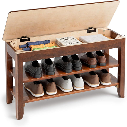 Shoe Storage Bench for Entryway - 3 Tier Shoe Rack for Front Door Entrance, Rubberwood Shoes Rack Height Adjustable, Entryway Bench with Shoes Storage for Any Room (Walnut, 31.5" W)
