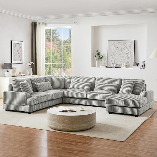 129" Oversized U Shaped Modular Sectional Sofa Couch for Living Room 7 Seater Plush Corduroy Upholstered Large Sofa Deep Seat Cloud Couch with Extra Wide Chaise Lounge and Detachable Thick Cushions
