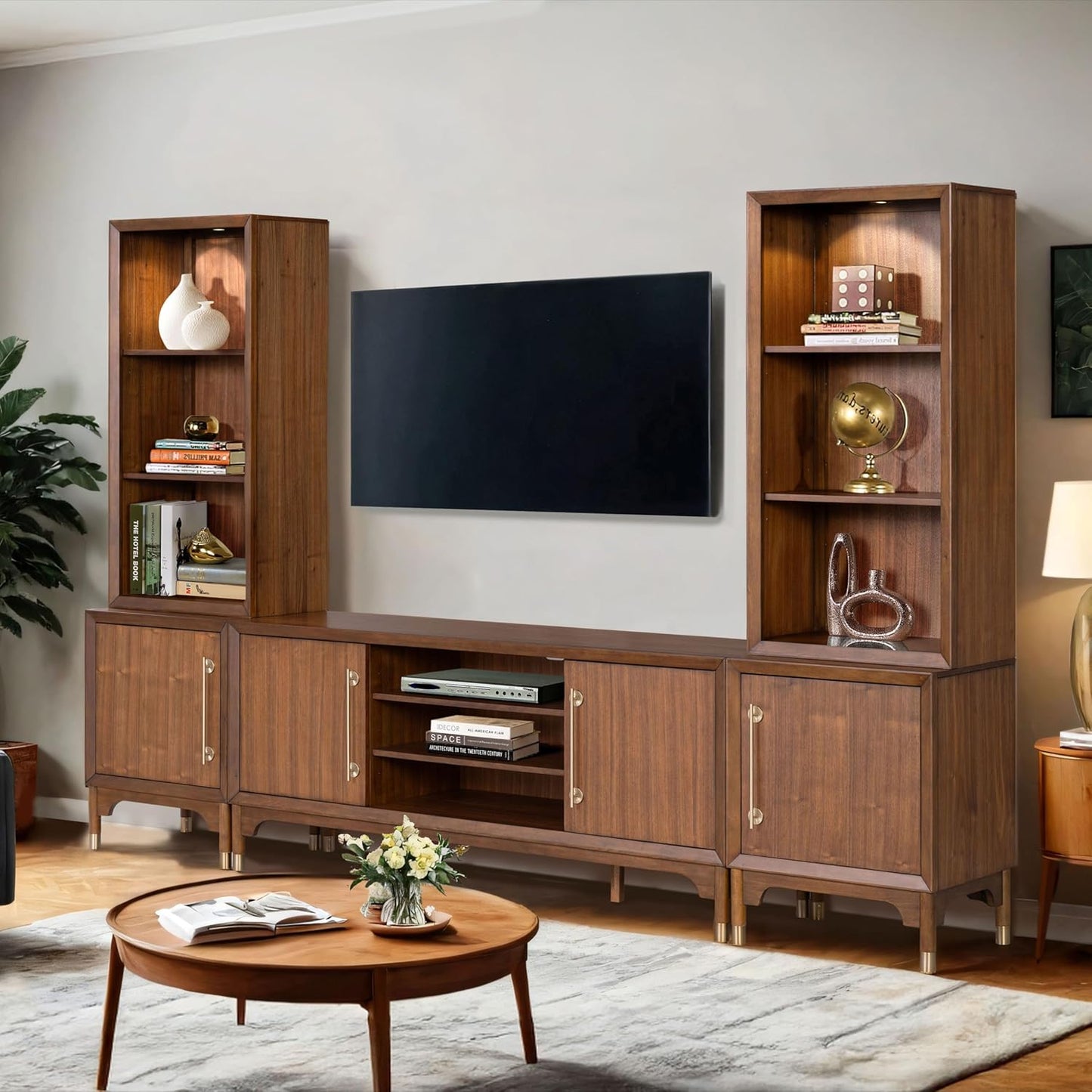 Furniture of America Forma Mid-Century Modern 5-Piece 118-inch Entertainment Center with Storage Piers, Cabinets and 5 Cable Holes, TV Stand for Living Room, Bedroom, Guest Room, Walnut