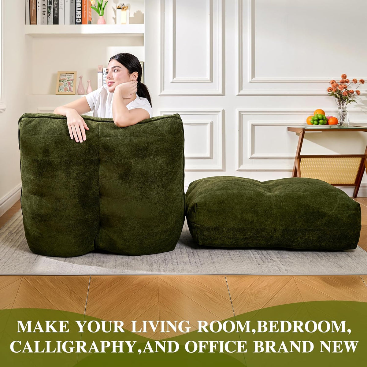 Bean Bag Chair with Ottoman, Comfy Bean Bag Sofa with Memory Foam, Lazy BeanBag Sofa with Footstool, Fireside Bean Bag Couch for Living Room, Bedroom, Apartment (Green)