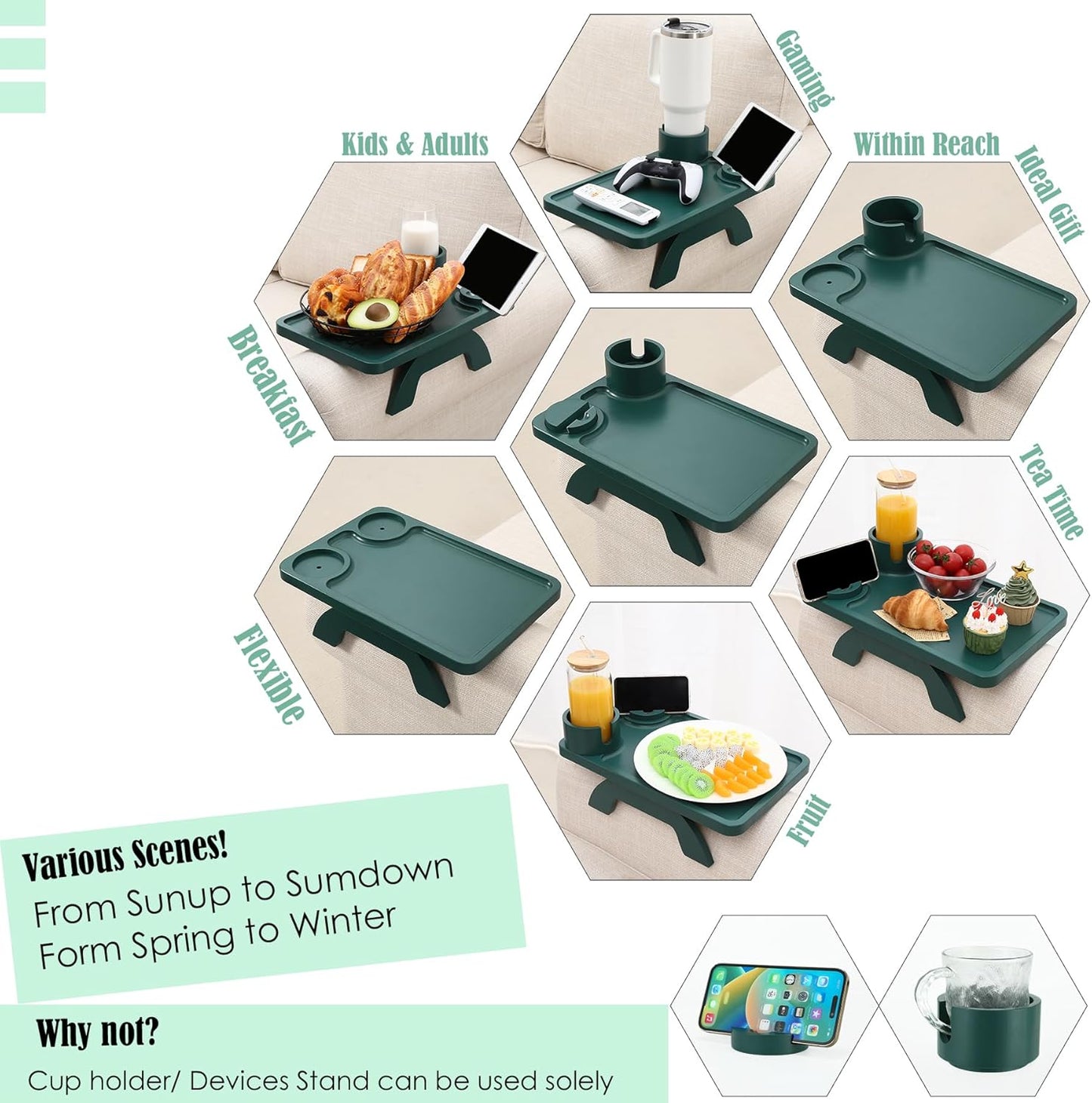 Nnewvante Couch Arm Table,3 in 1 Large 15.36"x9.85" Bamboo Sofa Arm Clip on TV Tray Table with 360°Rotated Phone/Cup Holder, Dark Green