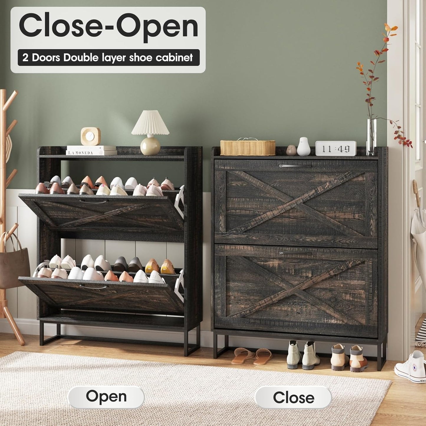 Maupvit Shoe Storage Cabinet with 2 Flip Drawers, Freestanding Organizer with Metal Legs for Entryway, Narrow Shoe Rack Cabinet, Dark Rustic Oak